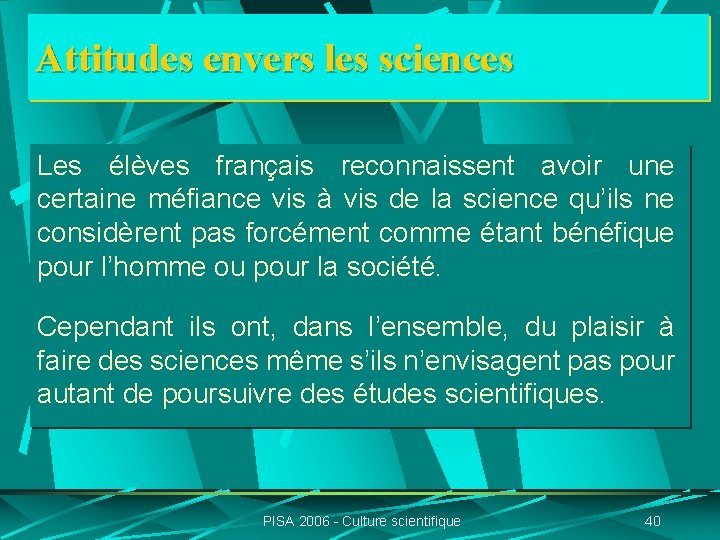 Attitudes envers les sciences Les élèves français reconnaissent avoir une certaine méfiance vis à