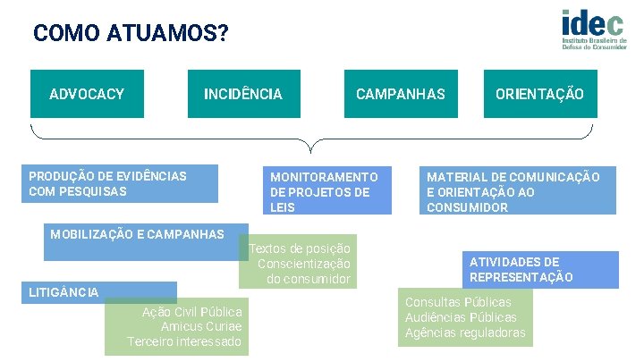 COMO ATUAMOS? ADVOCACY INCIDÊNCIA PRODUÇÃO DE EVIDÊNCIAS COM PESQUISAS MOBILIZAÇÃO E CAMPANHAS LITIG NCIA