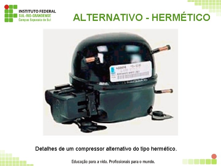 ALTERNATIVO - HERMÉTICO Detalhes de um compressor alternativo do tipo hermético. 12 