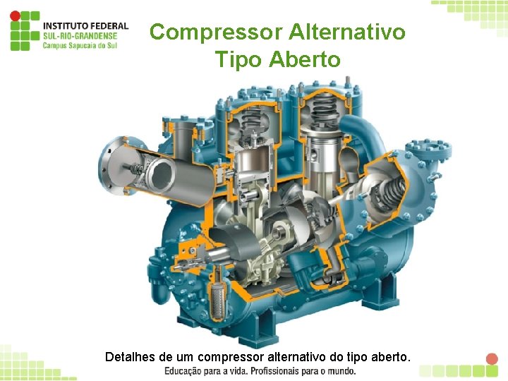 Compressor Alternativo Tipo Aberto Detalhes de um compressor alternativo do tipo aberto. 17 