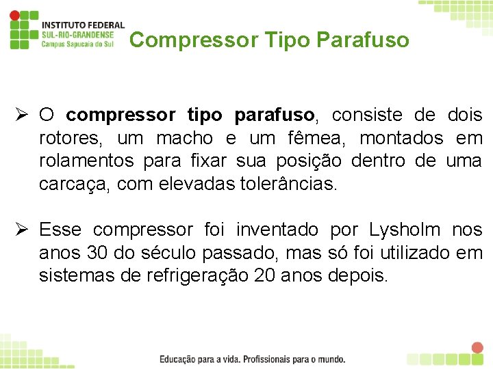 Compressor Tipo Parafuso Ø O compressor tipo parafuso, consiste de dois rotores, um macho