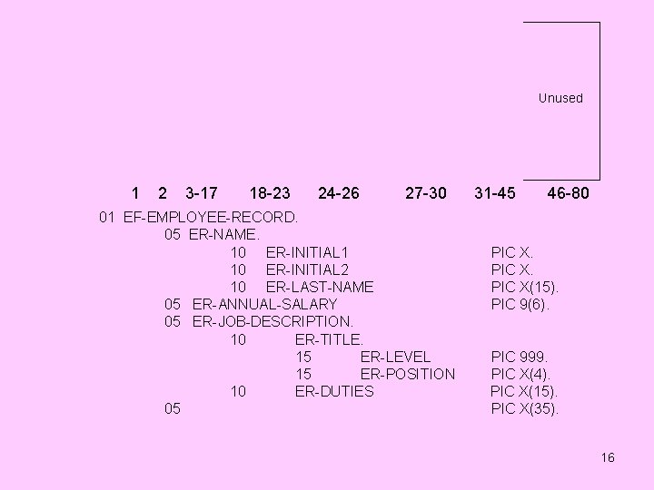 Unused 1 2 3 -17 18 -23 24 -26 27 -30 01 EF-EMPLOYEE-RECORD. 05