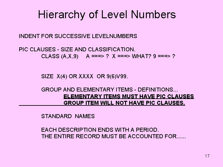 Hierarchy of Level Numbers INDENT FOR SUCCESSIVE LEVELNUMBERS PIC CLAUSES - SIZE AND CLASSIFICATION.
