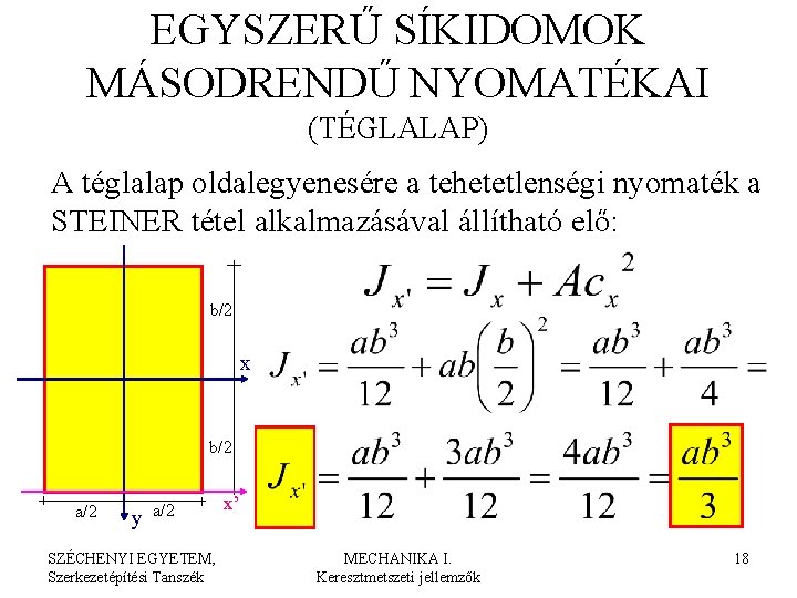 EGYSZERŰ SÍKIDOMOK MÁSODRENDŰ NYOMATÉKAI (TÉGLALAP) A téglalap oldalegyenesére a tehetetlenségi nyomaték a STEINER tétel