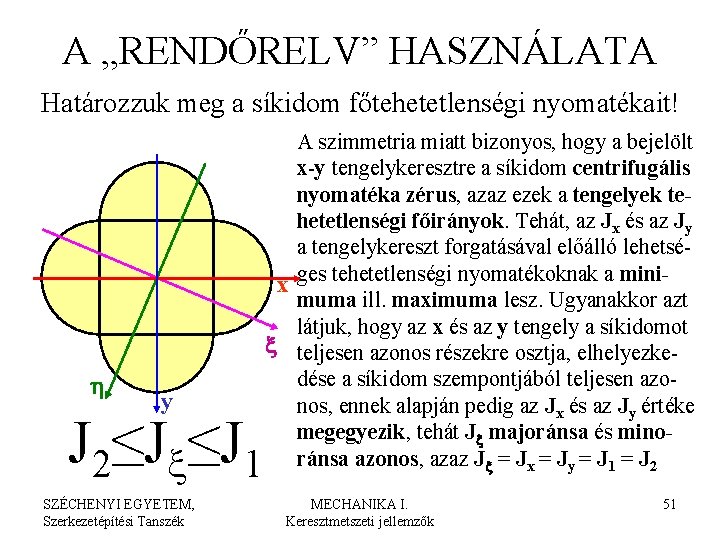 A „RENDŐRELV” HASZNÁLATA Határozzuk meg a síkidom főtehetetlenségi nyomatékait! h y J 2≤Jx≤J 1