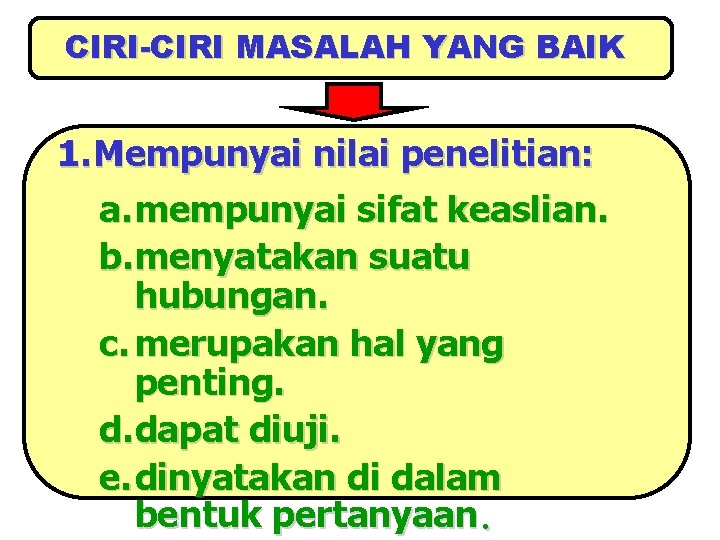 CIRI-CIRI MASALAH YANG BAIK 1. Mempunyai nilai penelitian: a. mempunyai sifat keaslian. b. menyatakan