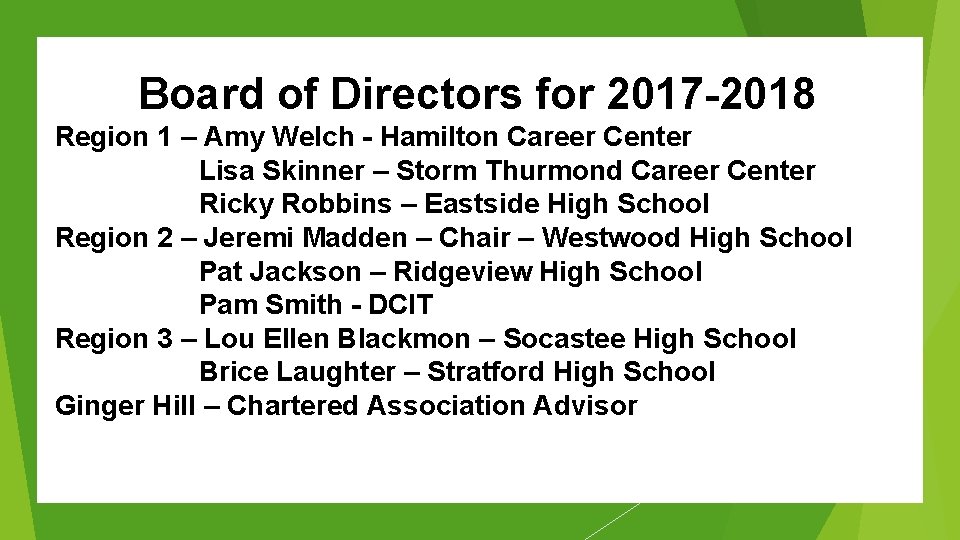 Board of Directors for 2017 -2018 Region 1 – Amy Welch - Hamilton Career