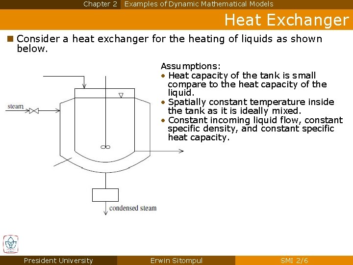 Chapter 2 Examples of Dynamic Mathematical Models Heat Exchanger n Consider a heat exchanger