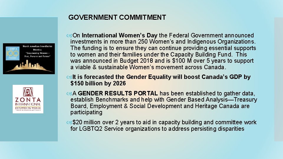 GOVERNMENT COMMITMENT On International Women’s Day the Federal Government announced investments in more than