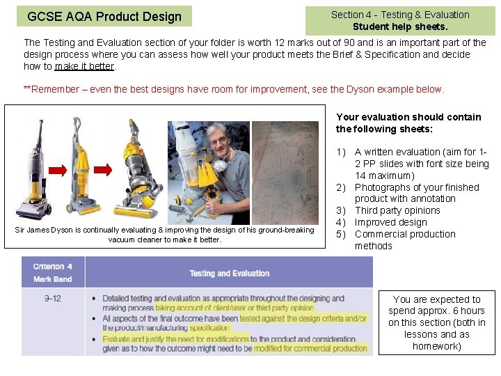 GCSE AQA Product Design Section 4 - Testing & Evaluation Student help sheets. The