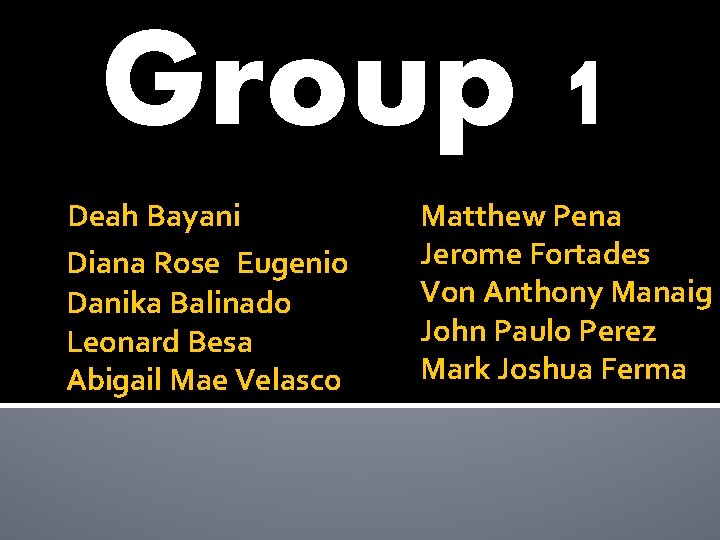 Group 1 Deah Bayani Diana Rose Eugenio Danika Balinado Leonard Besa Abigail Mae Velasco