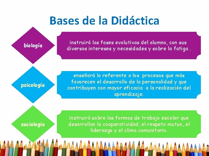 Bases de la Didáctica biología instruirá las fases evolutivas del alumno, con sus diversos