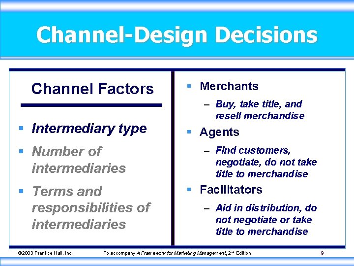 Channel-Design Decisions Channel Factors § Intermediary type § Number of intermediaries § Terms and