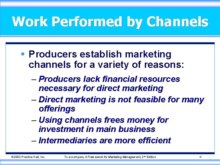 Work Performed by Channels § Producers establish marketing channels for a variety of reasons: