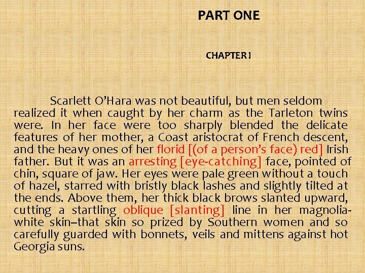  PART ONE CHAPTER I Scarlett O’Hara was not beautiful, but men seldom realized