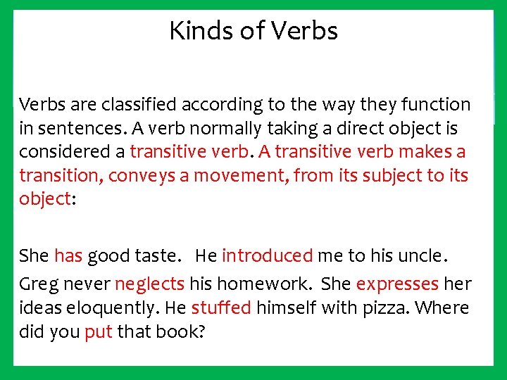 Kinds of Verbs are classified according to the way they function in sentences. A