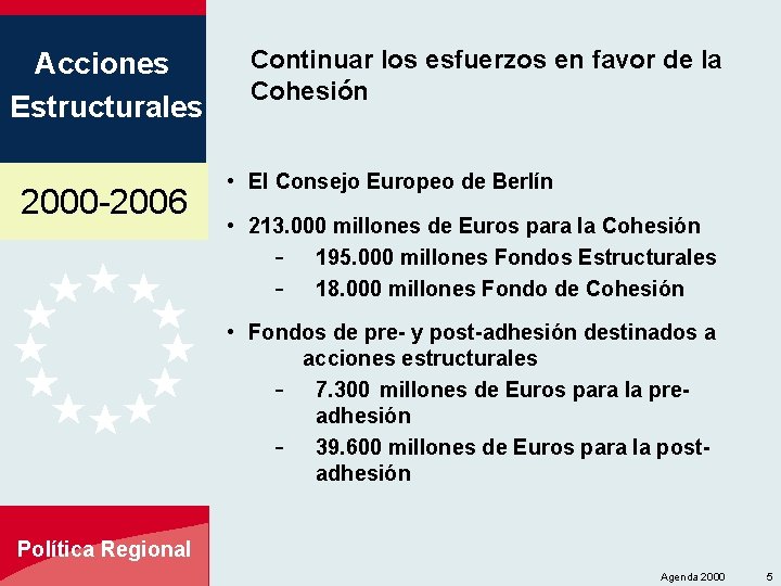 Acciones Estructurales 2000 -2006 Continuar los esfuerzos en favor de la Cohesión • El