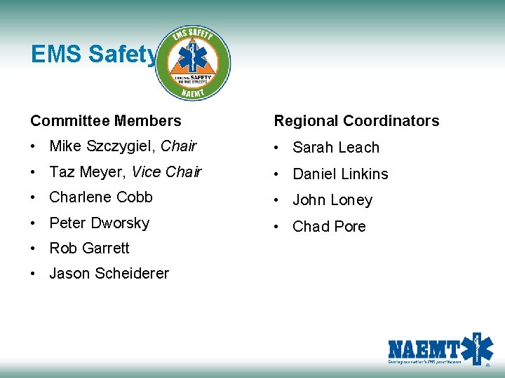 EMS Safety Committee Members Regional Coordinators • Mike Szczygiel, Chair • Sarah Leach •