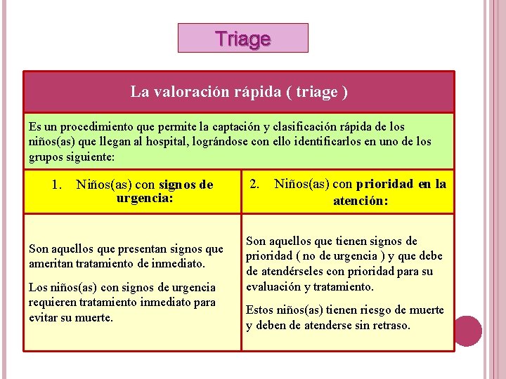 Triage La valoración rápida ( triage ) Es un procedimiento que permite la captación