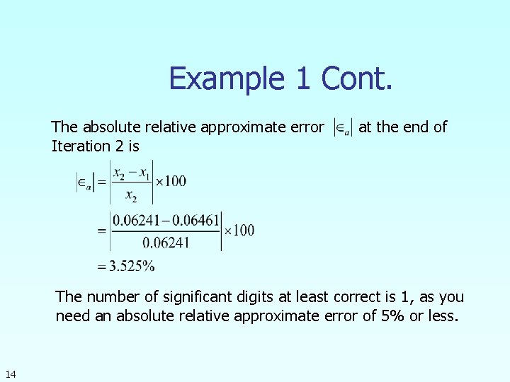Example 1 Cont. The absolute relative approximate error Iteration 2 is at the end