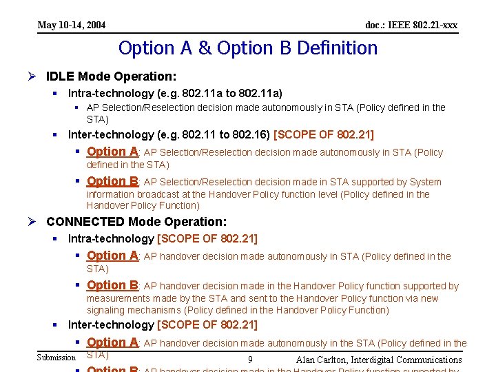 May 10 -14, 2004 doc. : IEEE 802. 21 -xxx Option A & Option