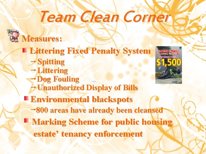 Team Clean Corner Measures: Littering Fixed Penalty System Spitting Littering Dog Fouling Unauthorized Display