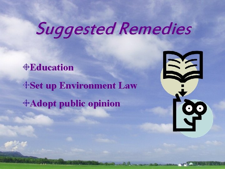 Suggested Remedies Education Set up Environment Law Adopt public opinion 