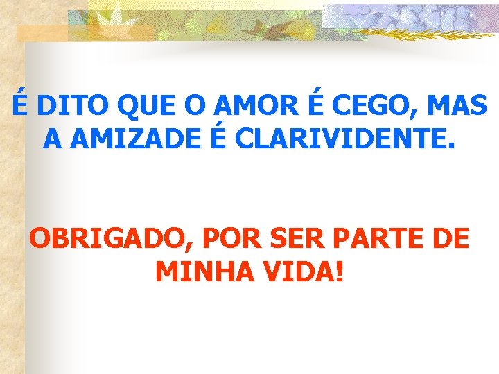 É DITO QUE O AMOR É CEGO, MAS A AMIZADE É CLARIVIDENTE. OBRIGADO, POR