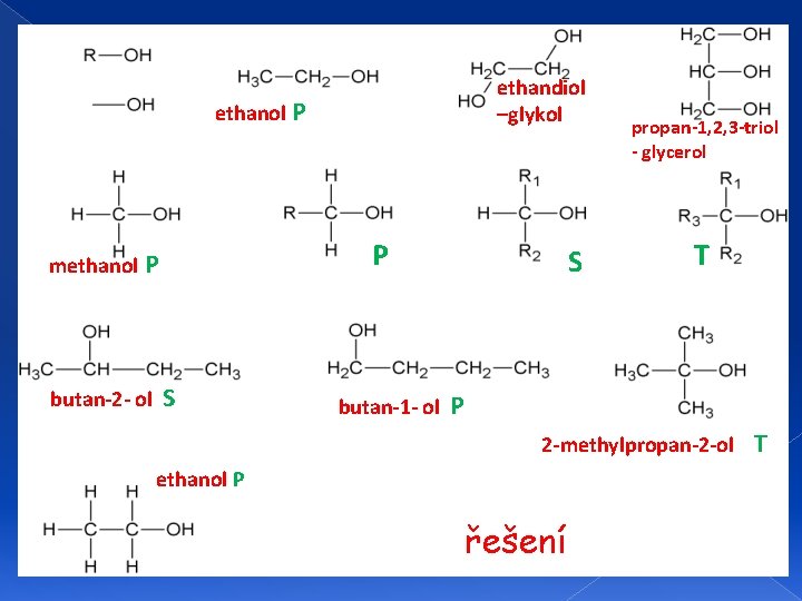 ethandiol –glykol ethanol P P methanol P butan-2 - ol S butan-1 - ol