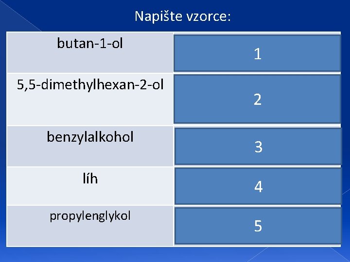 Napište vzorce: butan-1 -ol 5, 5 -dimethylhexan-2 -ol CH 3 CH 2 CH 2