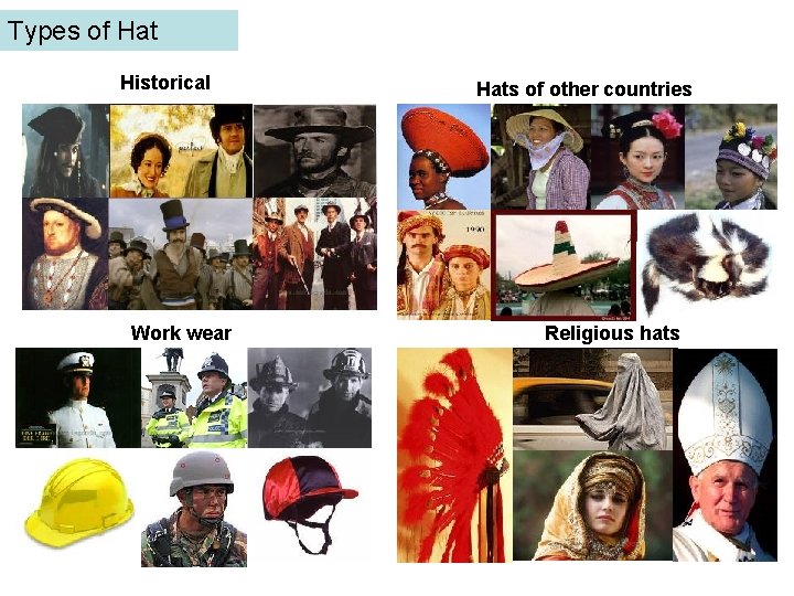 Types of Hat Historical Work wear Hats of other countries Religious hats Types of Hat Historical Work wear Hats of other countries Religious hats