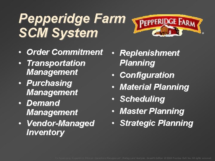 Pepperidge Farm SCM System • Order Commitment • Transportation Management • Purchasing Management •