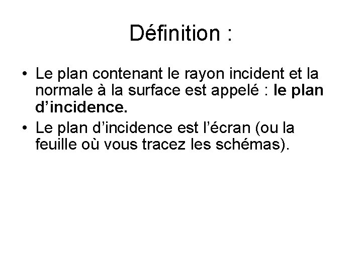 Définition : • Le plan contenant le rayon incident et la normale à la