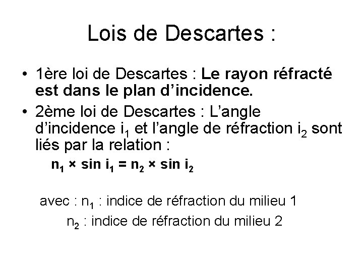 Lois de Descartes : • 1ère loi de Descartes : Le rayon réfracté est