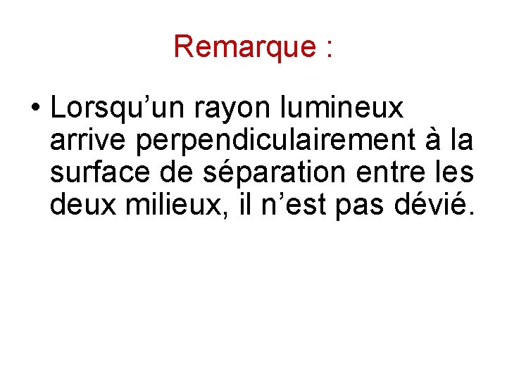 Remarque : • Lorsqu’un rayon lumineux arrive perpendiculairement à la surface de séparation entre