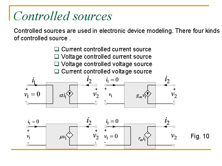 Controlled sources are used in electronic device modeling. There four kinds of controlled source.