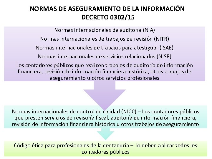 NORMAS DE ASEGURAMIENTO DE LA INFORMACIÓN DECRETO 0302/15 Normas internacionales de auditoría (NIA) Normas