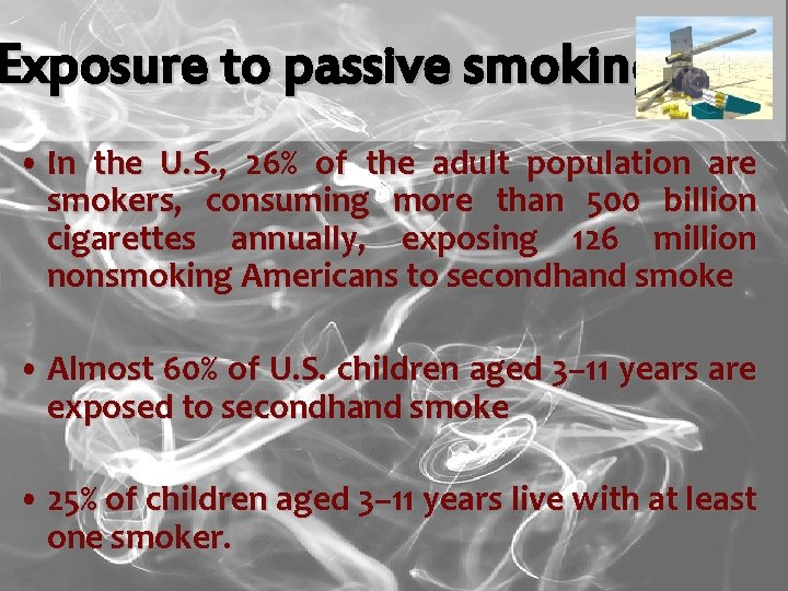 Exposure to passive smoking • In the U. S. , 26% of the adult