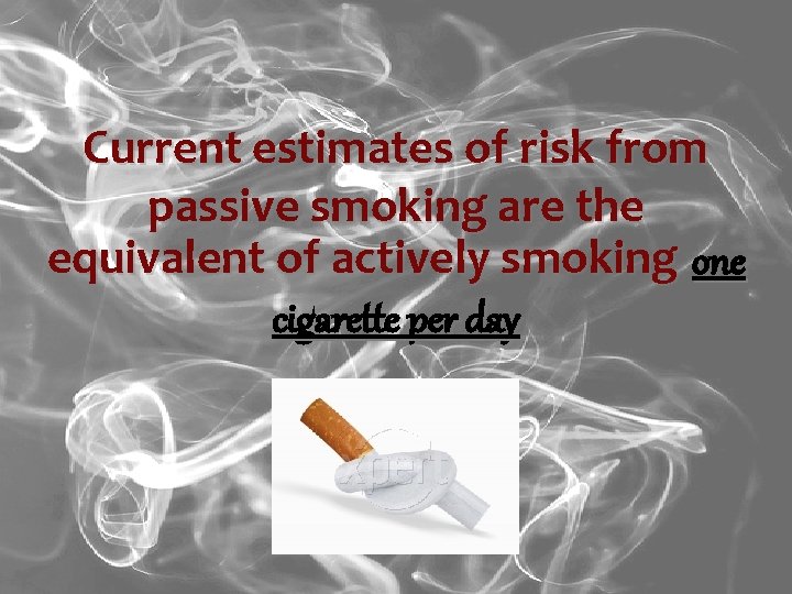 Current estimates of risk from passive smoking are the equivalent of actively smoking one