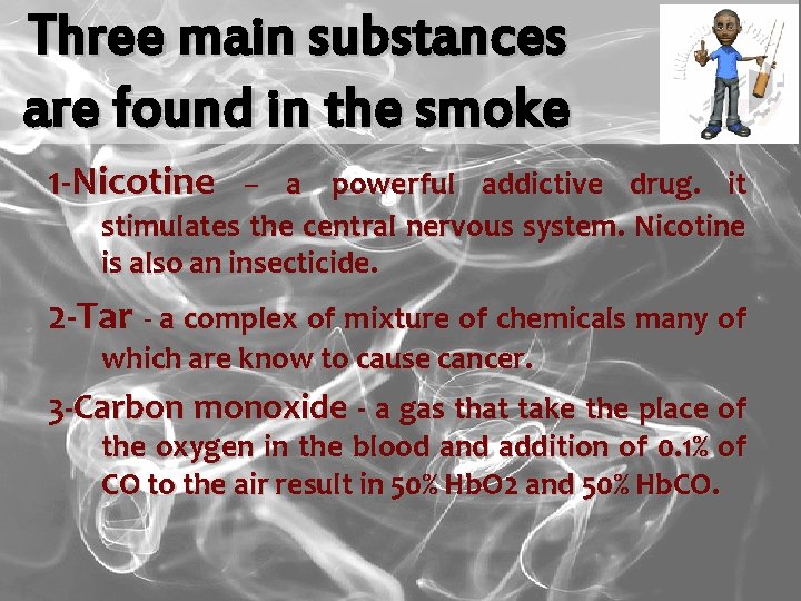 Three main substances are found in the smoke 1 -Nicotine – a powerful addictive