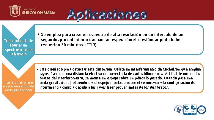 Aplicaciones • Se emplea para crear un espectro de alta resolución en un intervalo Aplicaciones • Se emplea para crear un espectro de alta resolución en un intervalo