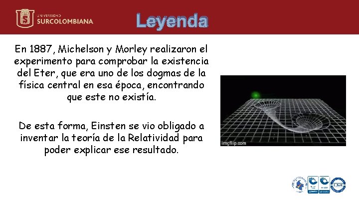 Leyenda En 1887, Michelson y Morley realizaron el experimento para comprobar la existencia del Leyenda En 1887, Michelson y Morley realizaron el experimento para comprobar la existencia del