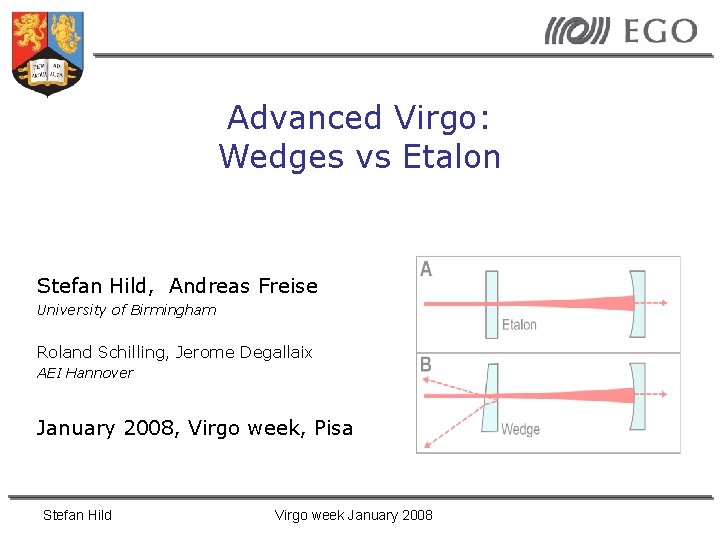 Advanced Virgo: Wedges vs Etalon Stefan Hild, Andreas Freise University of Birmingham Roland Schilling,