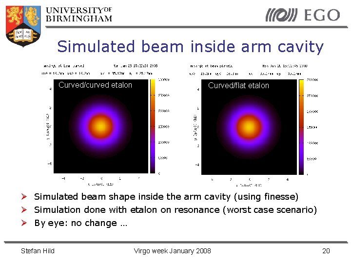 Simulated beam inside arm cavity Curved/curved etalon Curved/flat etalon Simulated beam shape inside the