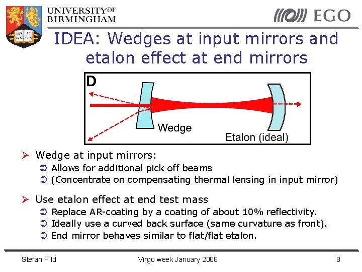 IDEA: Wedges at input mirrors and etalon effect at end mirrors Wedge at input