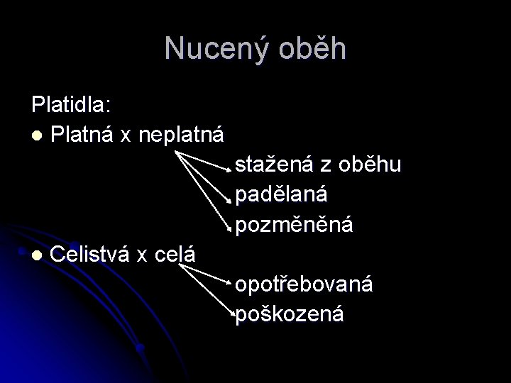 Nucený oběh Platidla: l Platná x neplatná stažená z oběhu padělaná pozměněná l Celistvá