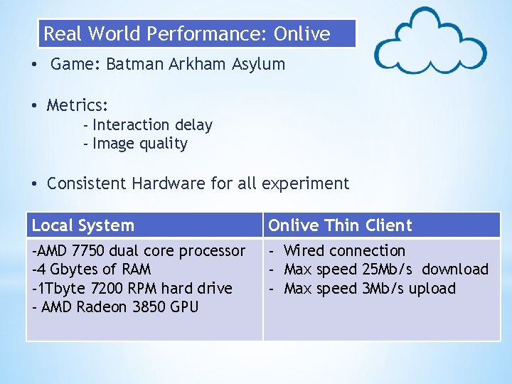 Real World Performance: Onlive • Game: Batman Arkham Asylum • Metrics: - Interaction delay