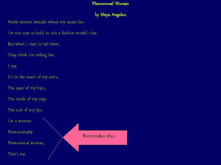 Phenomenal Woman Pretty women wonder where my secret lies. by Maya Angelou I’m not Phenomenal Woman Pretty women wonder where my secret lies. by Maya Angelou I’m not