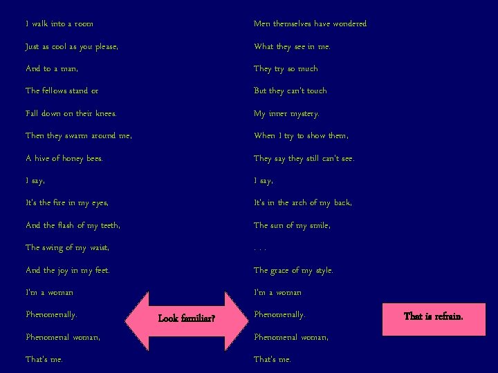 I walk into a room Men themselves have wondered Just as cool as you I walk into a room Men themselves have wondered Just as cool as you