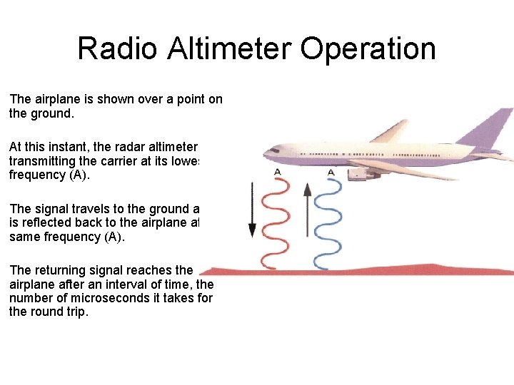 Radio Altimeter Operation The airplane is shown over a point on the ground. At